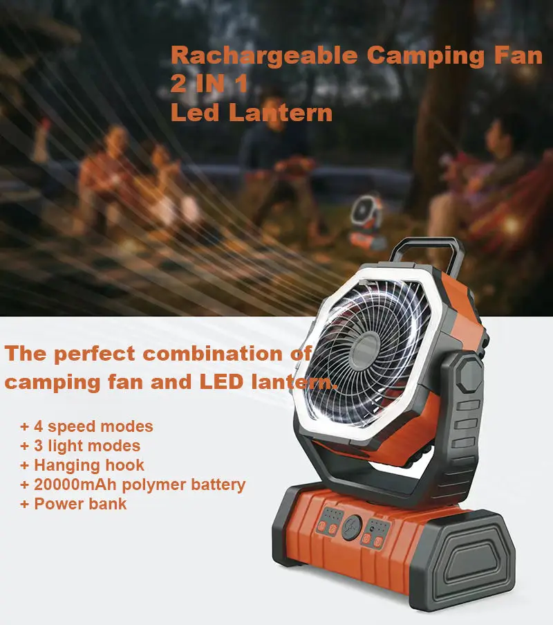 20000 10000mAh Outdoor Camping Fan with LED Lamp Hook Remote Control Rechargeable Portable Fan Rotatable Desk Fan for Car Hiking