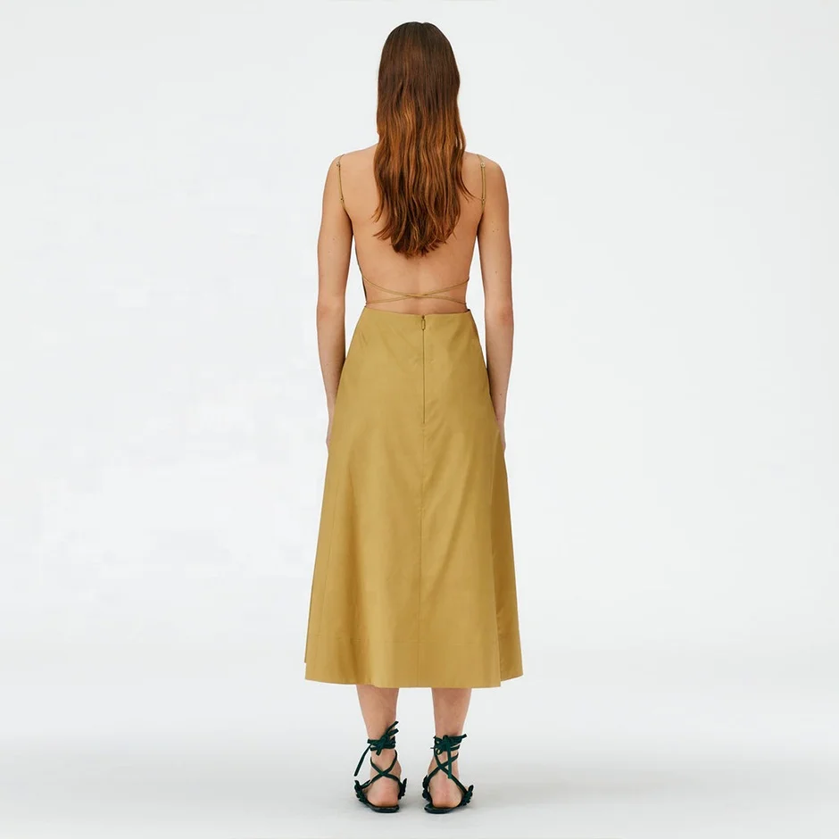 New Linen Sexy Backless Wrap and Tie Dress Women Korean Dress Bodycon Summer Casual Dresses Natural OEM Service Woven Midi