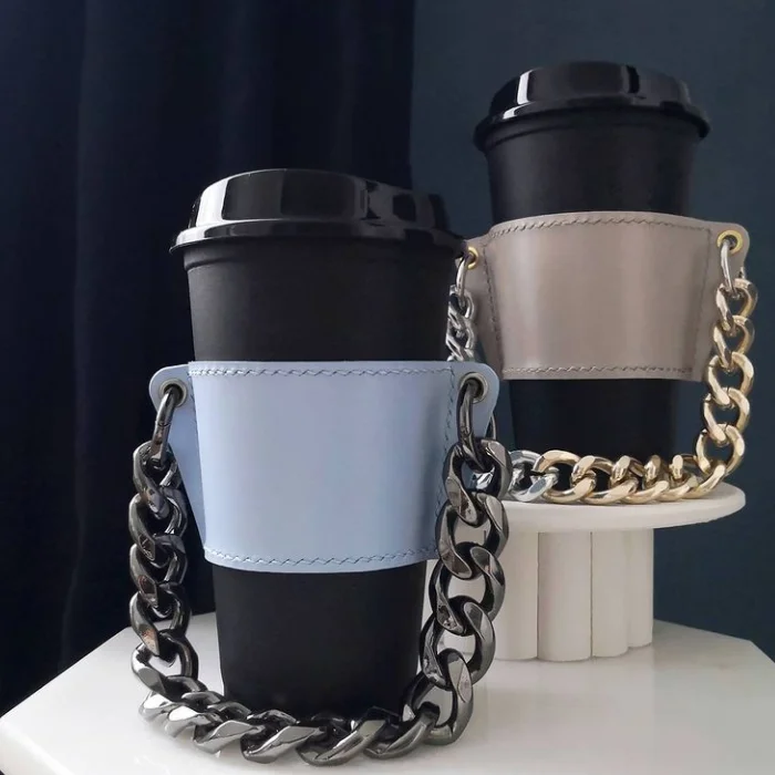 Reusable Coffee Cup Holder Leather Handle Cup Cover with Colorful Chain Portable Cup Sleeve with Amber Chain