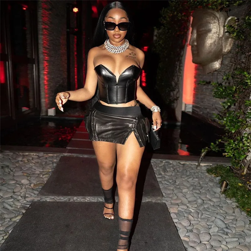 Solid Leather Shiny Sexy Two Pieces Set Women Wrapped Chest Skinny Crop Tops + Pockets Hip Skirt Midnight Clubwear Suit