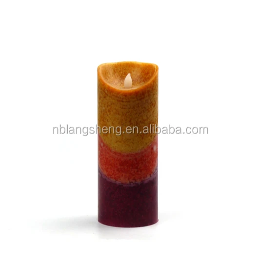Three color LED candle with mottled surface melted top and 2AA battery