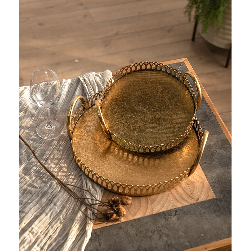 Decorative Tray Retro Gold Metal Round Mirror Tray Iron Vintage Style Decoration Tray Decorative Accents
