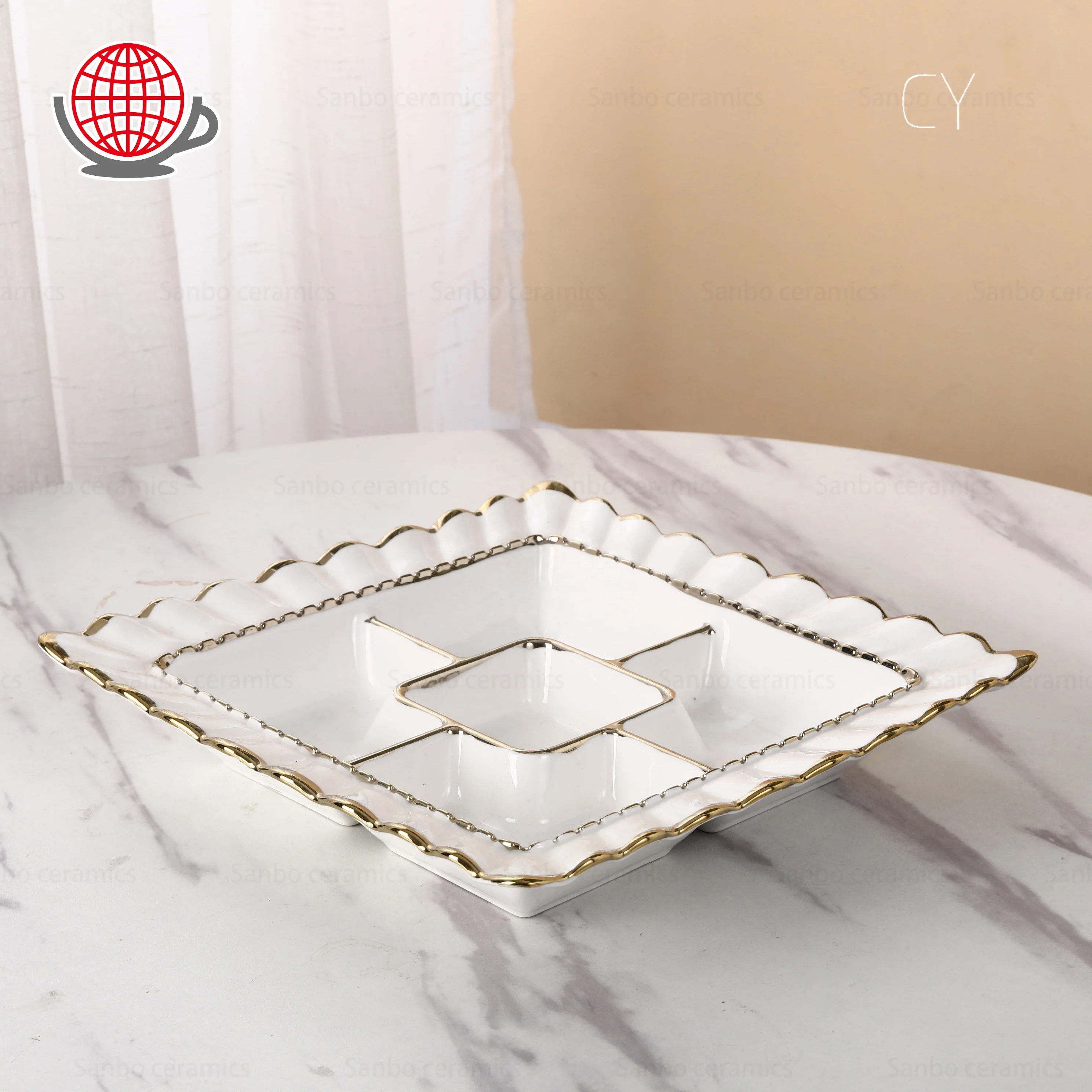 Factory Wholesale Luxury Ceramic Snack Plate  White Ceramic Divided Plate High Quality Porcelain Gold Rim 5 Divided Plate