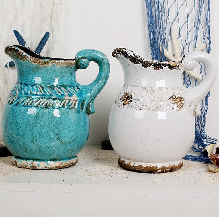 American Country Home Decoration Gift, Antique Flower Ware Blue Archaistic Porcelain Pot Ceramic Vase