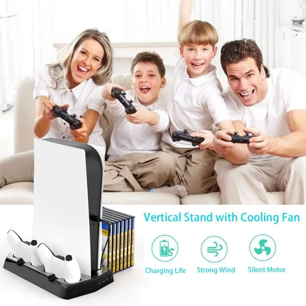 14 Game Storage Organizer PS5 Console Cooling Fan Charging Station Dock Dual Controller Charger Vertical Stand for Playstation 5