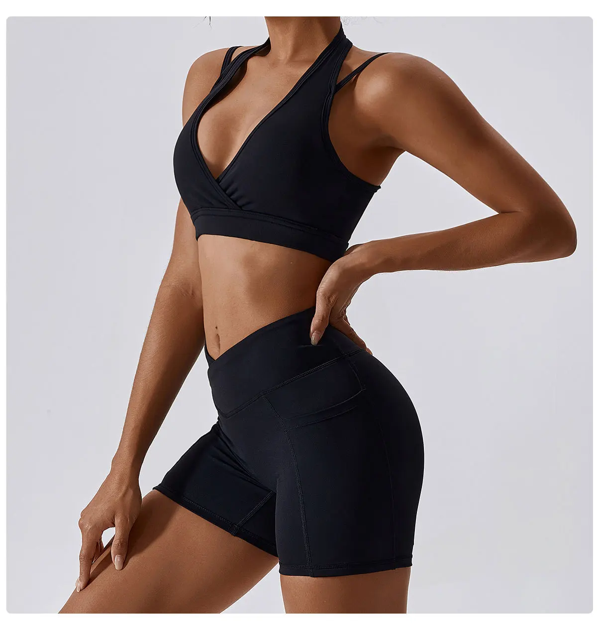 Custom Fashion Women Sets Training 2023 Scrunch V Waist Leggings Shorts Sweatshirt Sports Bra Gym Fitness Sets