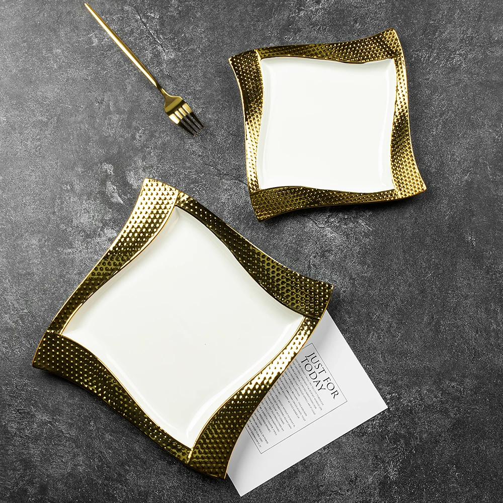Wholesale modern luxury ceramic plates with gold rim and embossed gold porcelain decorative plates wedding