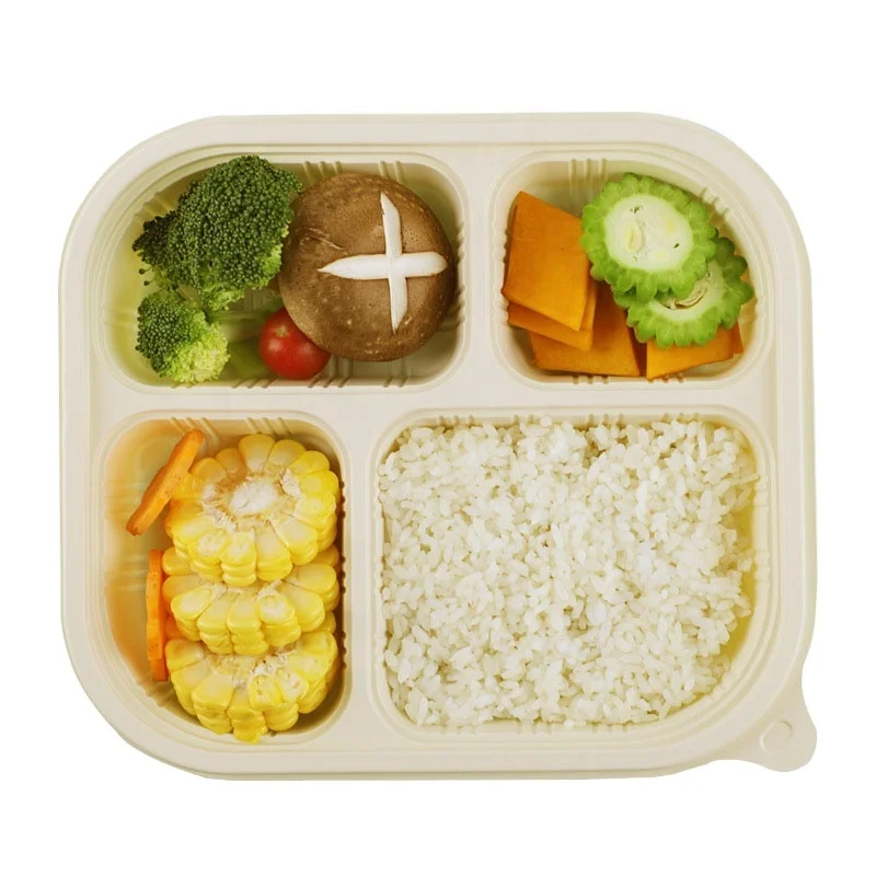 Biodegradable Corn starch Takeaway Hot Fast Food Packing Box Tray To Go 4 Compartment Disposable Food Container