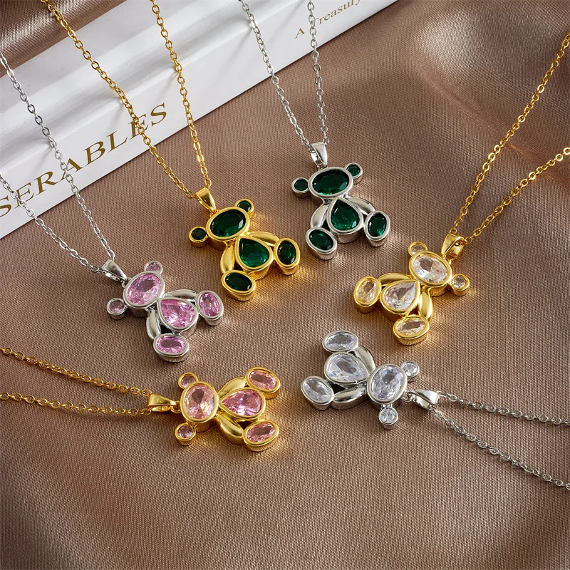Fashion Copper Gold Plated Jewelry Colorful Cubic Zirconia Cute Cartoon Balloon Bear Pendant Necklace