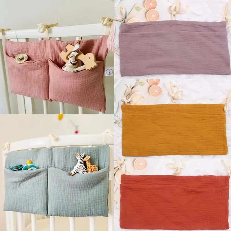Portable Multifunctional Baby Cot Organizer 100 % Cotton Newborn Bed Headboard Organizer Muslin Baby Cot Organizer Bag
