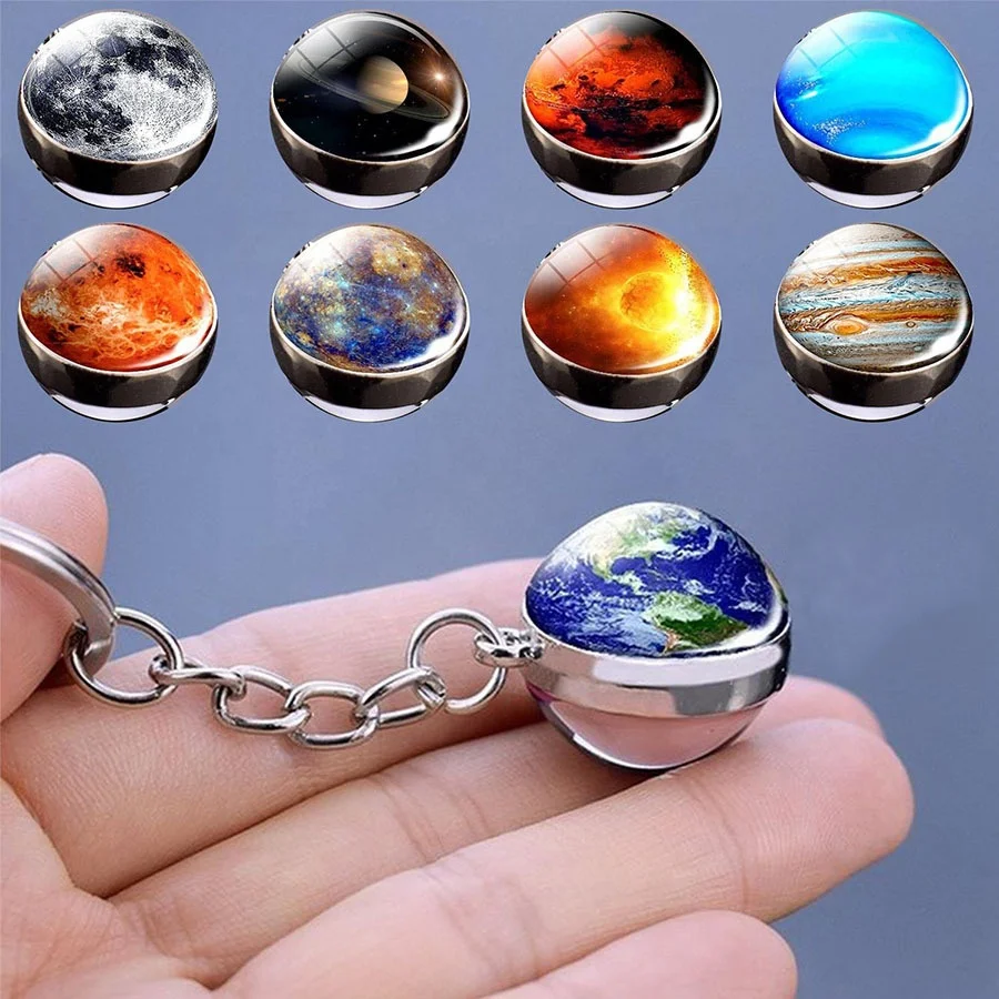 Wholesale Double Side Glass Ball Pendant Starry Sky Solar System Earth Moon Galaxy Universe Planet Galaxy Keychain