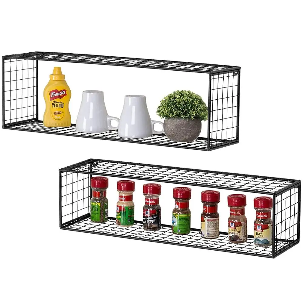 
Black Metal Wire Wall-Mounted Rectangular Floating Shelves, Display Shadow Boxes, Set of 2 