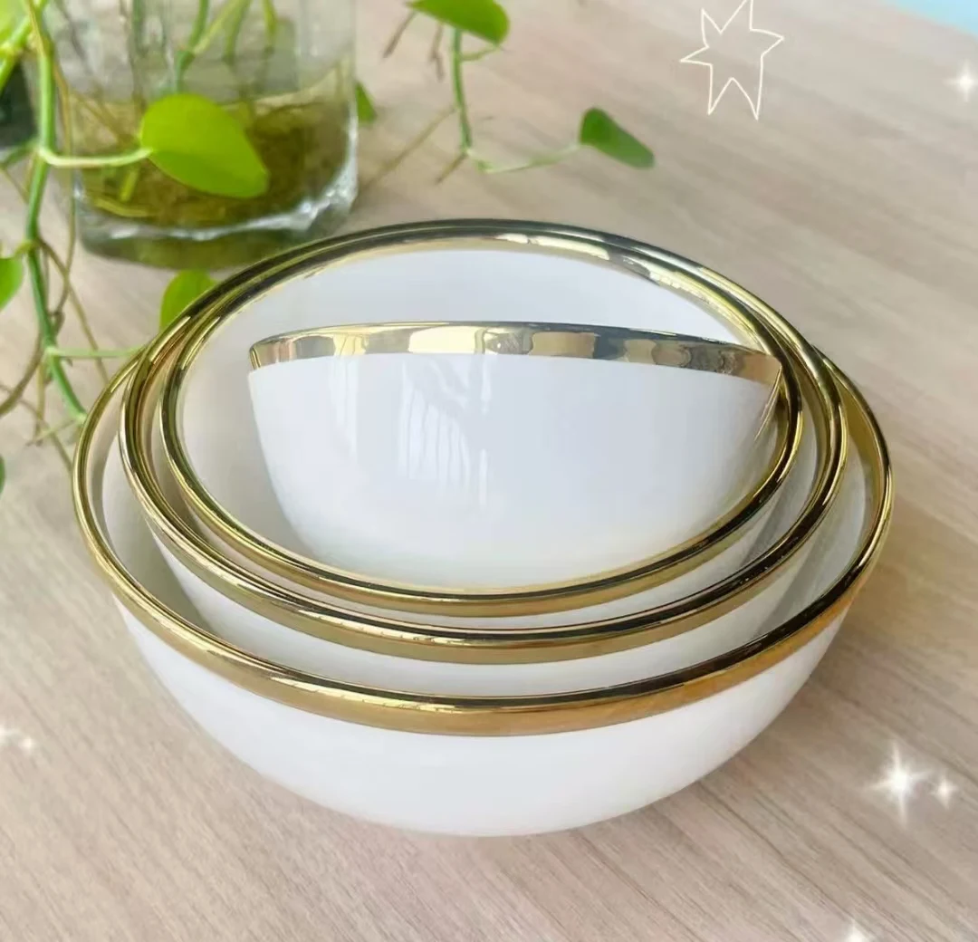 High Quality White Ceramic Bowl Gold Accents Large Small Antique Design Porcelain Noodle Bowls Dishwasher Safe Home Use