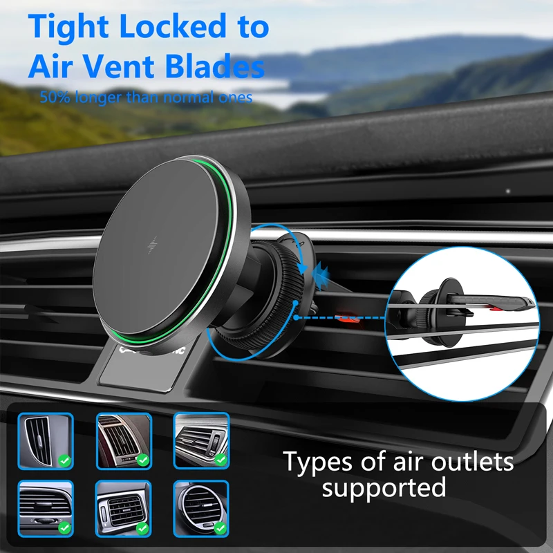 15W Qi Quick Fast Charger Automotive Air Vent Magnet Mount Mobile Phone Charging Stand Magnetic Car Holder