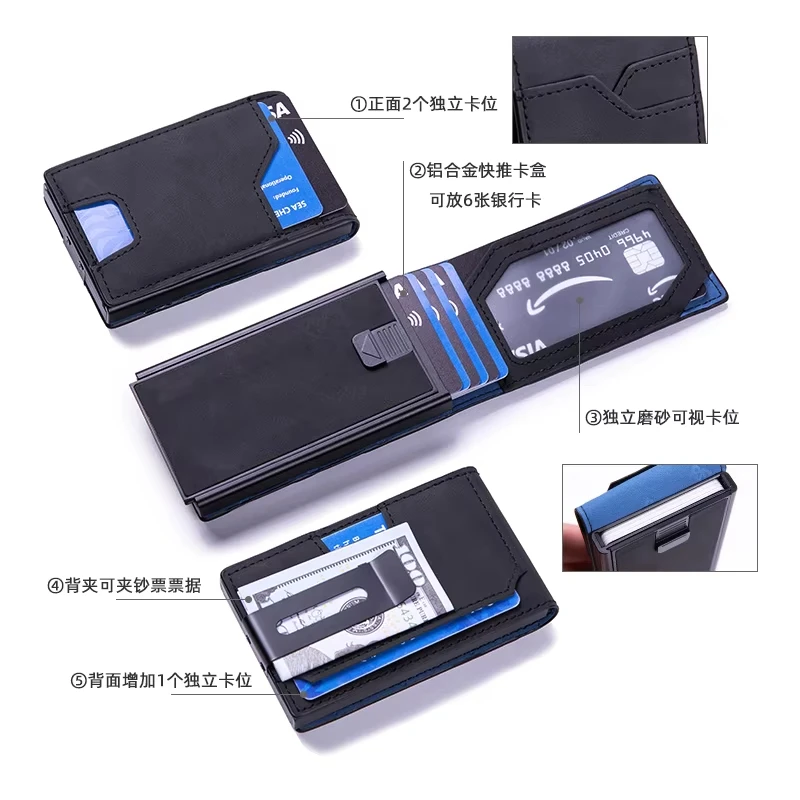 Custom Genuine Leather Money Clip Rfid Blocking Credit Card Mens Leather Money Clip Wallet Metal Money Clip