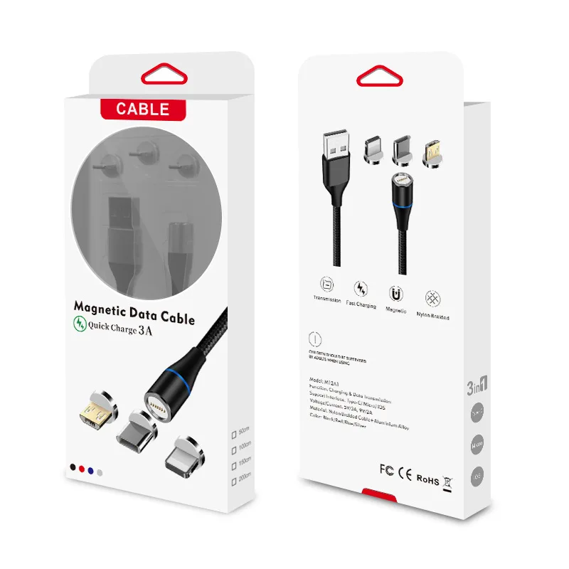  Плетеный 3 в 1 Магнит зарядного 3A 5A QC3.0 Быстрая зарядка USB Магнитный кабель для зарядки Micro
