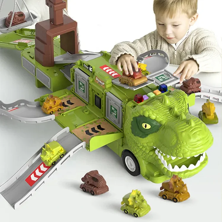 2 in 1 Dinosaurs Slot Truck Deformation Parking Lot Toys with 3 mini car