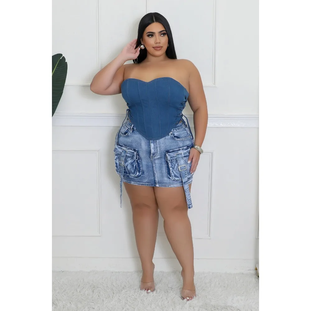Women Cargo Denim Y2k Jean Skirt Mid Waist Multi Summer Sexy Denim Mini Skirts with Pockets