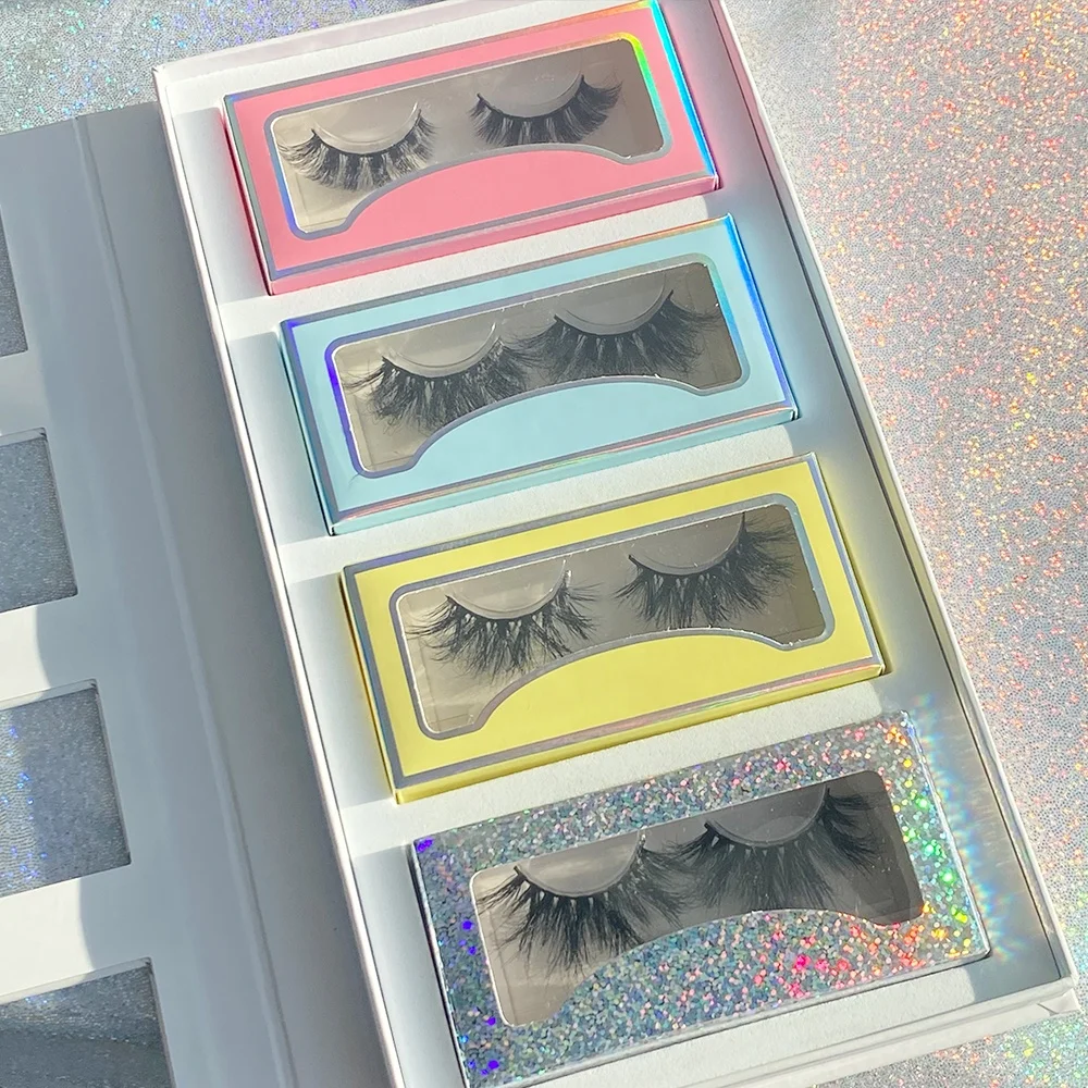 Free samples fluffy 25mm 3d mink full strip eyelash book packaging 4 pairs wholesale empty customise lash boxes