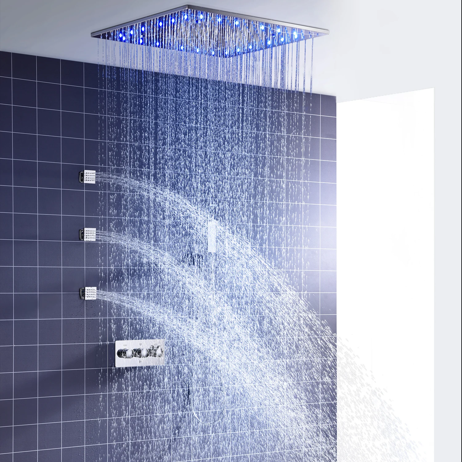 High Quality shower head set thermostatic 3 handle led ceiling rain shower set with shower body jet