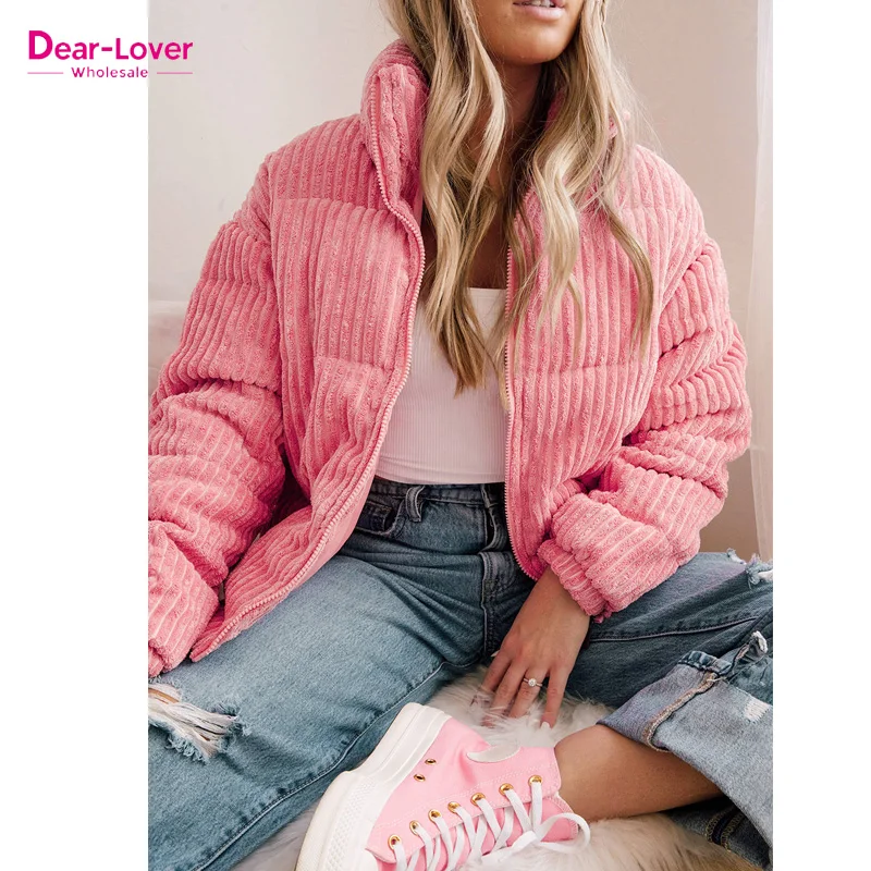 Dear-Lover Daily Peach Blossom Corduroy Stand Collar Puffer Jacket Women