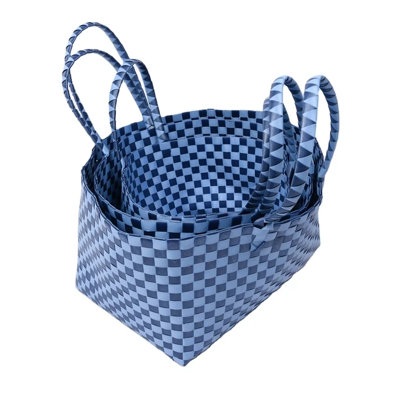 Checkerboard Blue Weaving PP Hand Basket Plastic Storage Basket