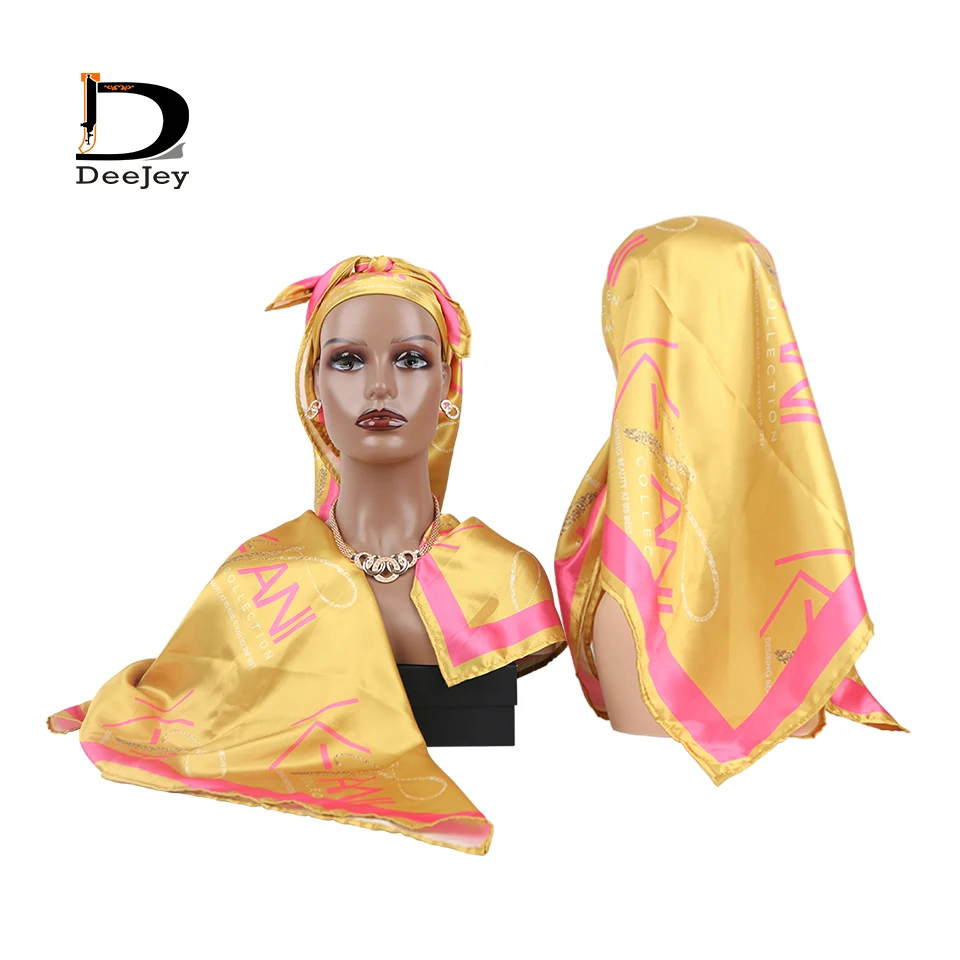 Fashion Custom All over Logo Printed Luxury Square Satin Silk Scarf women hijab 90x90cm Hair accessories