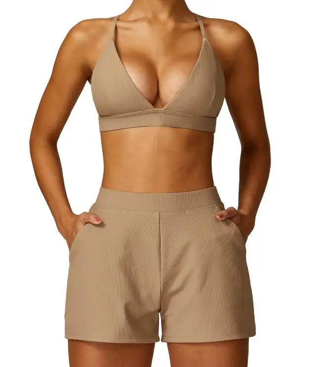 Hot selling 2024 new Women Stretchy Soft Comfort V Neck Ribbed Running Shorts and Bra Set