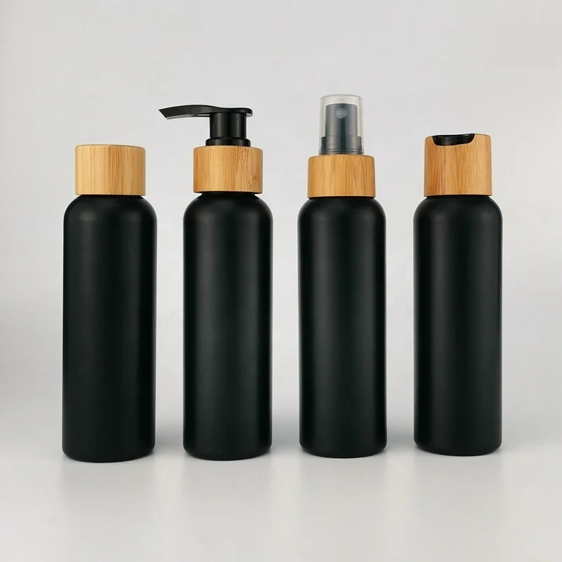 4 oz matte black bottles 120 ml black plastic hdpe bottle with bamboo cap for cosmetic packaging