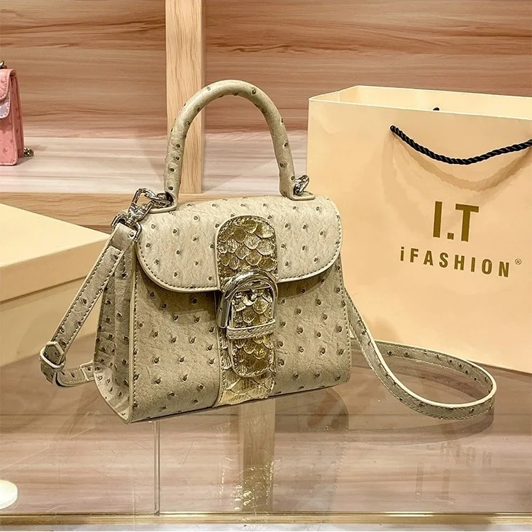 2024 New Genuine Leather Cross-Border Trade Ostrich Texture Delvaux Saddle Bag, Trendy Fashion Handbag for Women