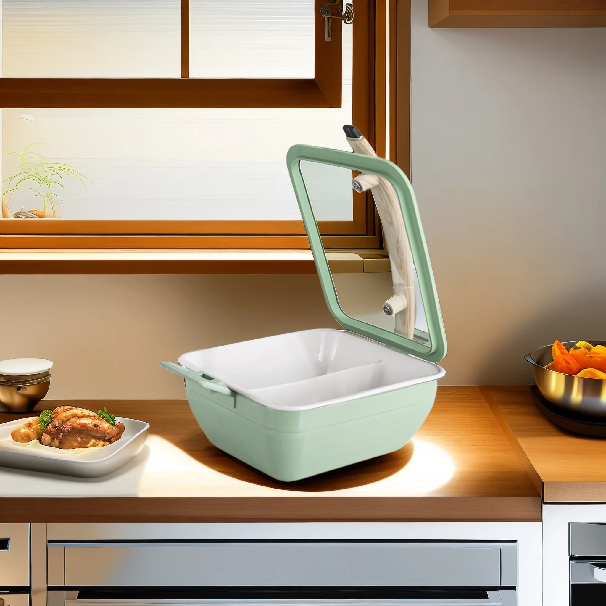 Commercial Stainless Steel Buffet Pot, Green Chafing Dish with Insertable Lid, Suitable for Hotel Buffets & Hotpot Dining