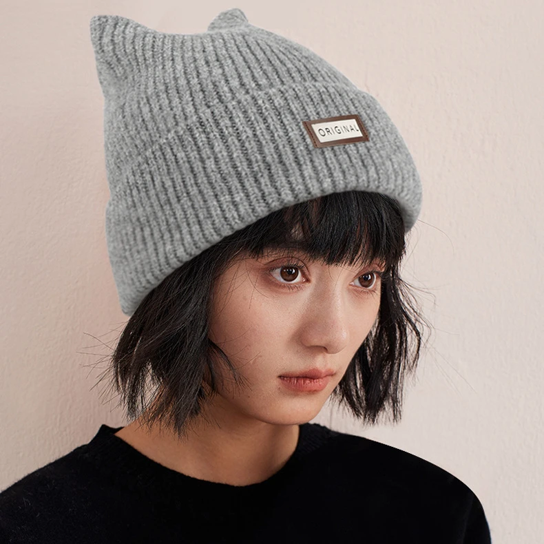 FF3081 Cuff Fleece Wool Knitted Beanie Hats with Ear Warm Knit Skull Cap Custom LOGO Patch Embroidery Winter Hats Women Beanie