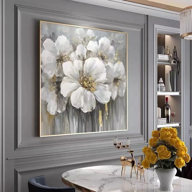 Popular Hot Sale OEM Gold Floral Modern Canvas Painting White Flower Art Picture Hand painted Abstract Oil Painting