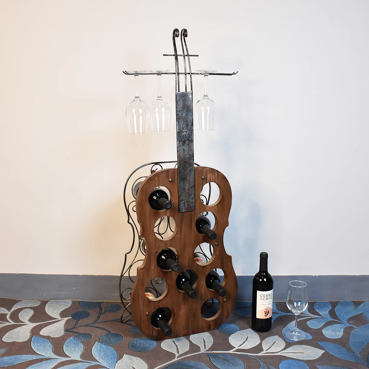 Cello Shape 11 Bottles Decorative Metal Wine Glass Rack Wooden Wine Bottle Holder Wine Display Rack