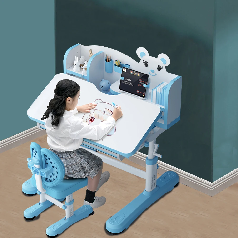 Wooden Ergonomic Children Learning Adjustable Height Study Desk for Kids Metal Table and Chairs Modern Table De Tude