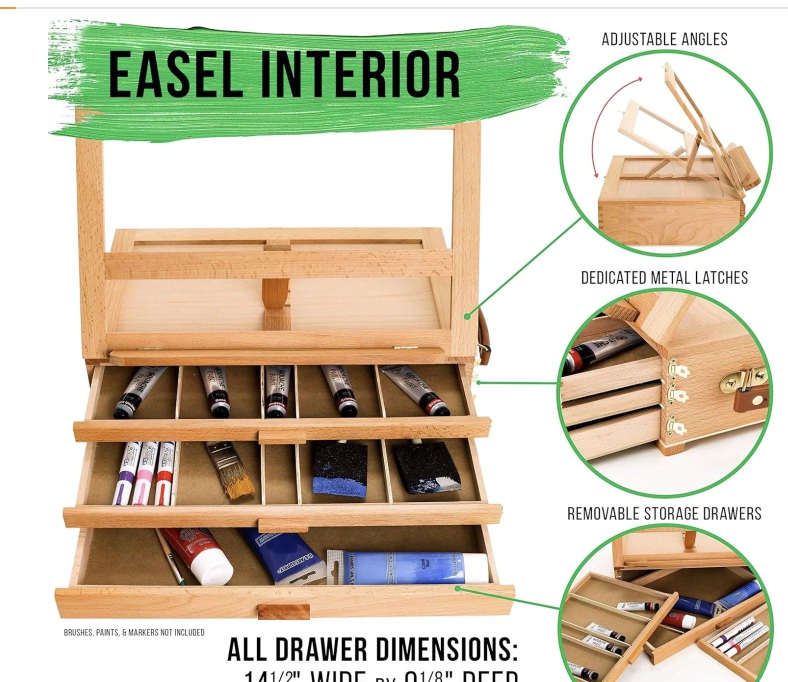 Adjustable Wooden 3-Drawer Storage Box Easel, Premium Beechwood - Portable Wood Artist Desktop Case