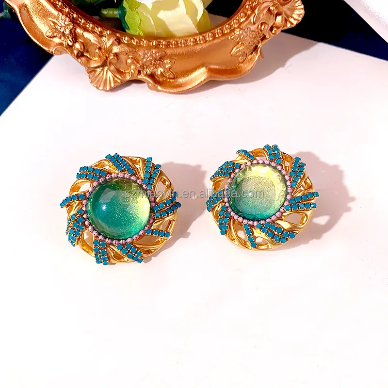 S925 Silver needle inlaid full diamond flower geometric circle fashion exaggeration personality glass stud earrings for women