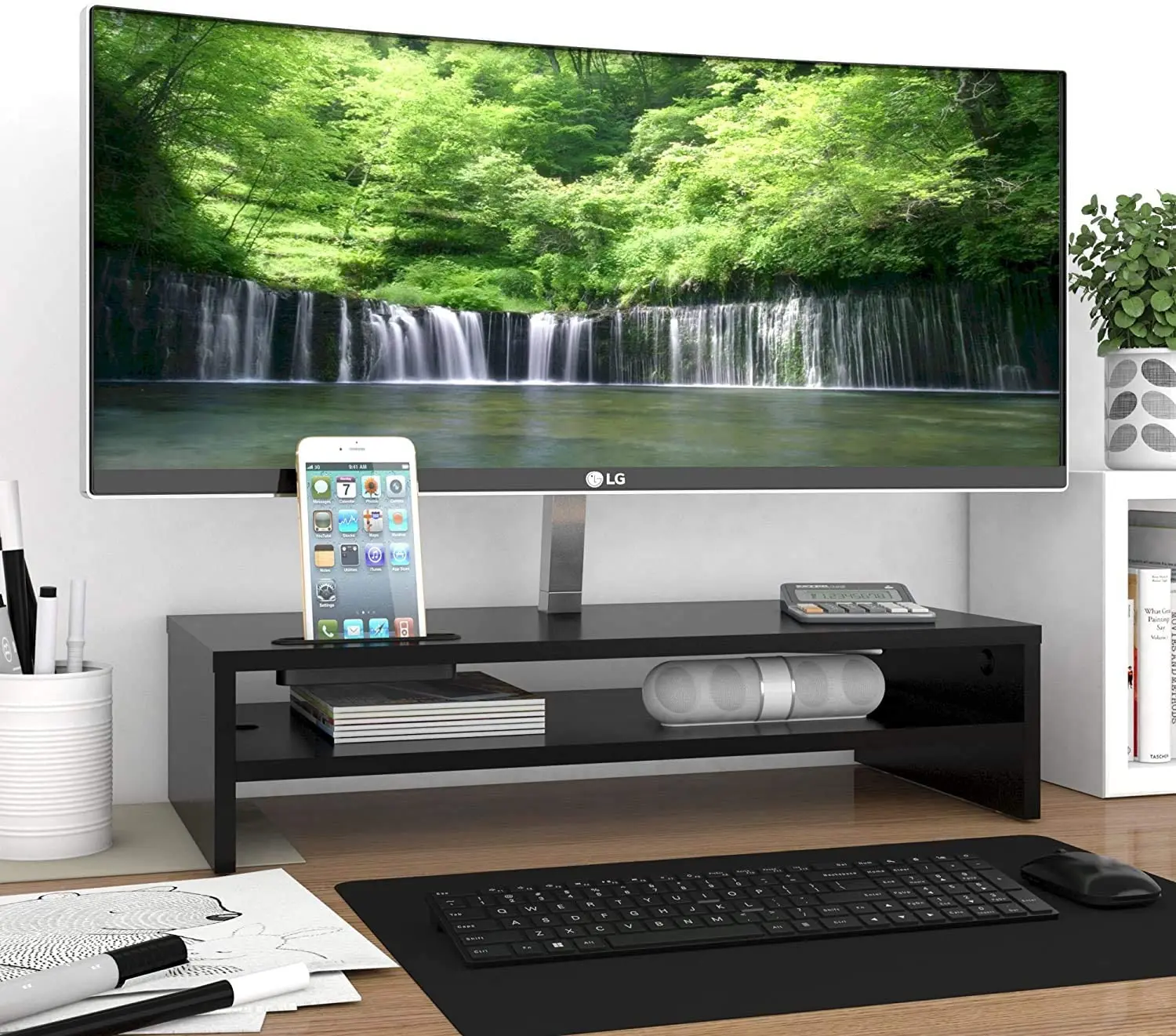 Computer Monitor Stand Riser Monitor Laptop Stand Metal Large Format Display Monitor with Stand Black Modern Wood Printer Wooden