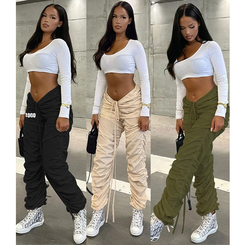 Free Shipping Custom Mid bandage Pleated Pockets Natural Super Long Pleated Long Pants Woman Drawstring Stacked Sweat Pants
