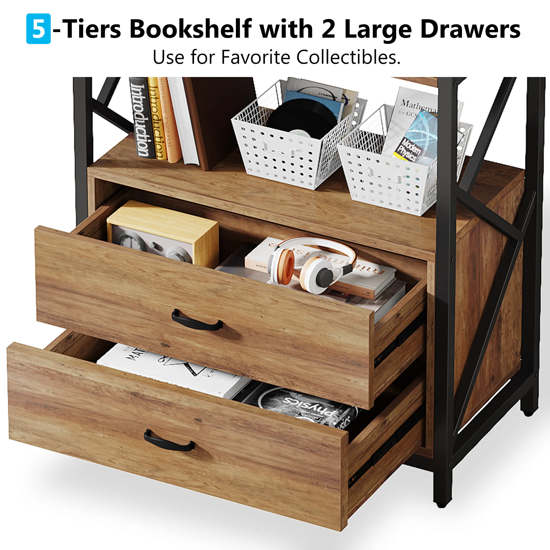 Tribesigns  Industrial 5-Tier Bookcase with 2 Drawers  book storage organizer display shelf rack