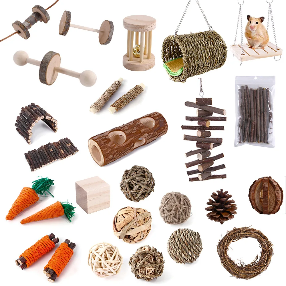 Custom Small Animal Natural Soild Wood Birds Guinea Pigs Rats Chinchillas Activity Teeth Care Molar Toy Combo Hamster Chew Toys