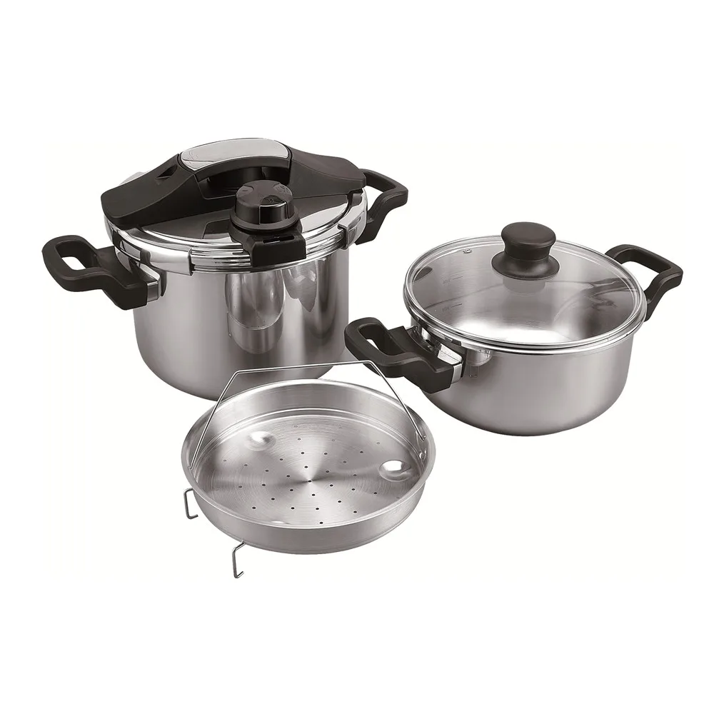 Double handle clamp type, stainless steel pressure cooker with steamer and glass lid set combination