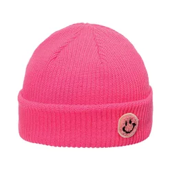 Warm Smiley Face Patch Landlord Hat Candy Color Thick Winter Women Custom Knitted Hats