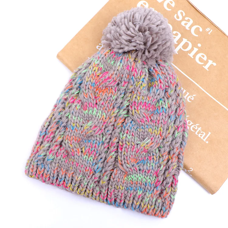 winter warm thick women beanie hat confetti flecked mix color yarn acrylic custom cable knit beanies with pom pom
