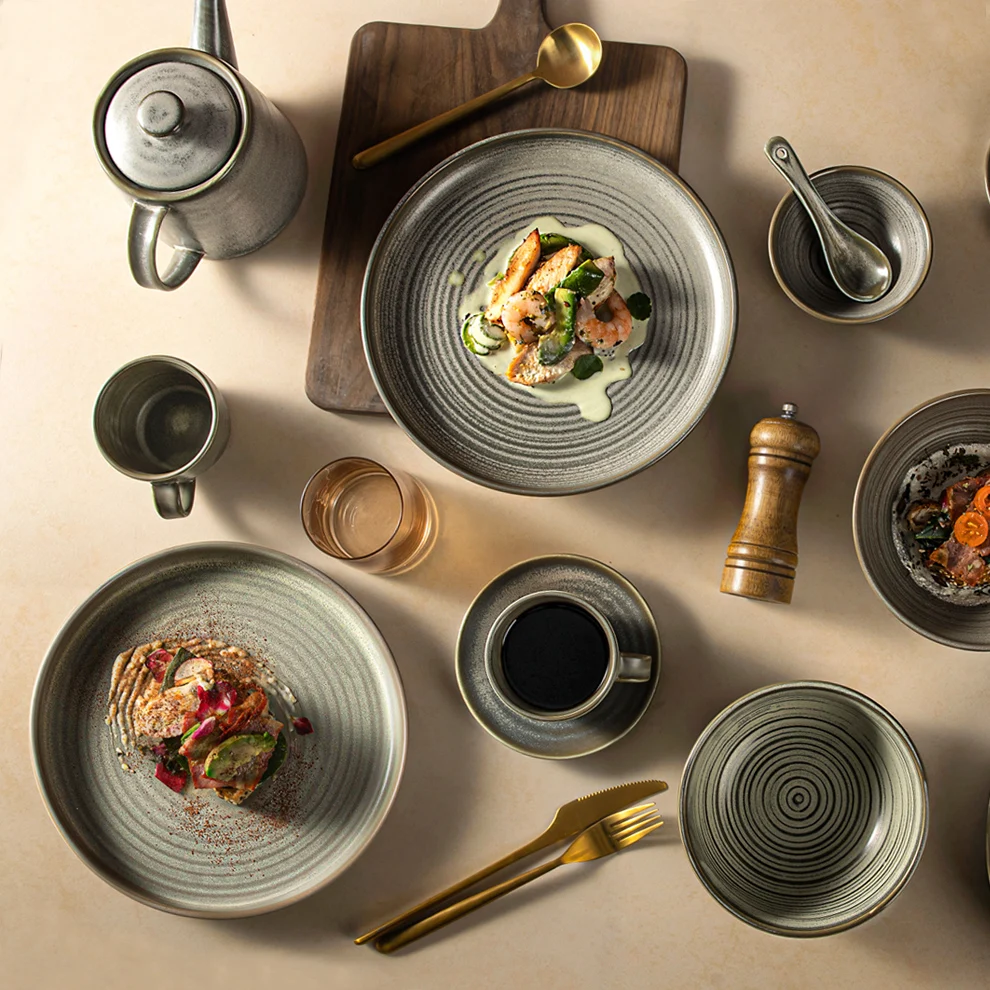 Nordic Matte Platos Flat Catering Plate Set Coffee Cup Porcelain Soup Dishes & Plate Bowl Ceramic Crockery Plates For Restaurant