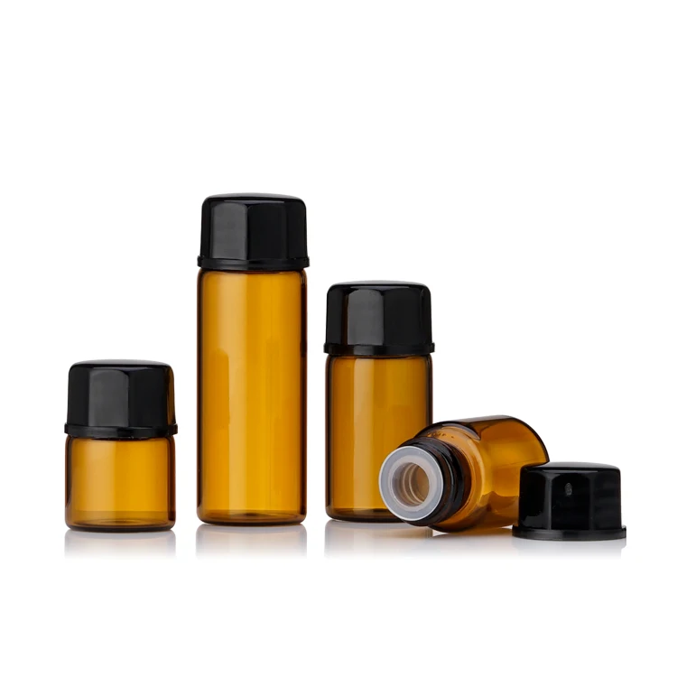 Hot Sale 1ml Mini Amber Glass Sample Bottles with Black Caps for Essential Oil, Chemistry Lab Chemical