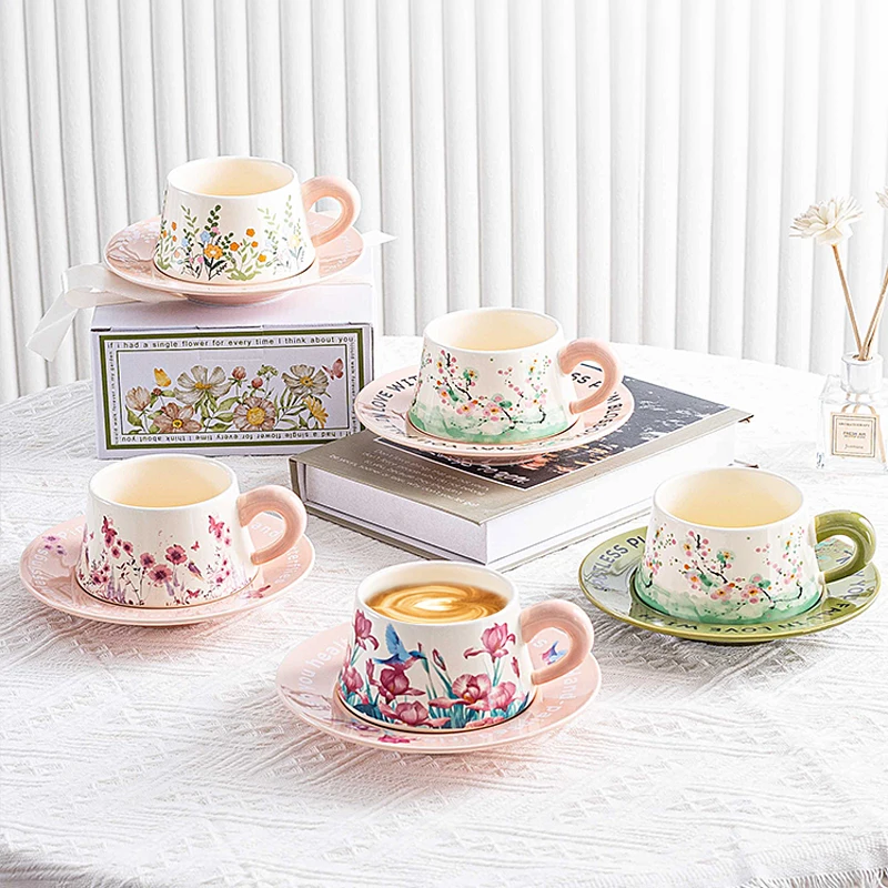 New nordic fancy colorful pattern flower ceramic cappuccino expresso coffee cups & saucers tea cup set