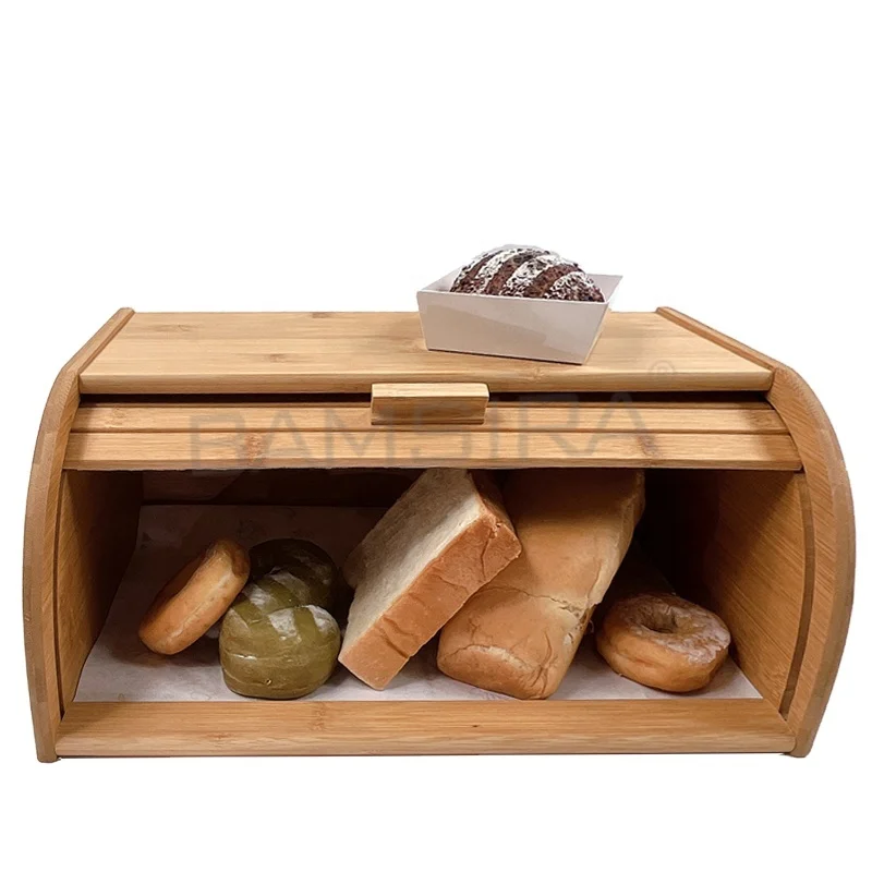 Large Natural Bamboo Roll Top Wood Bread Box for Kitchen Countertop - Farmhouse Style Bread Boxes for Countertop NO ASSEMBLY
