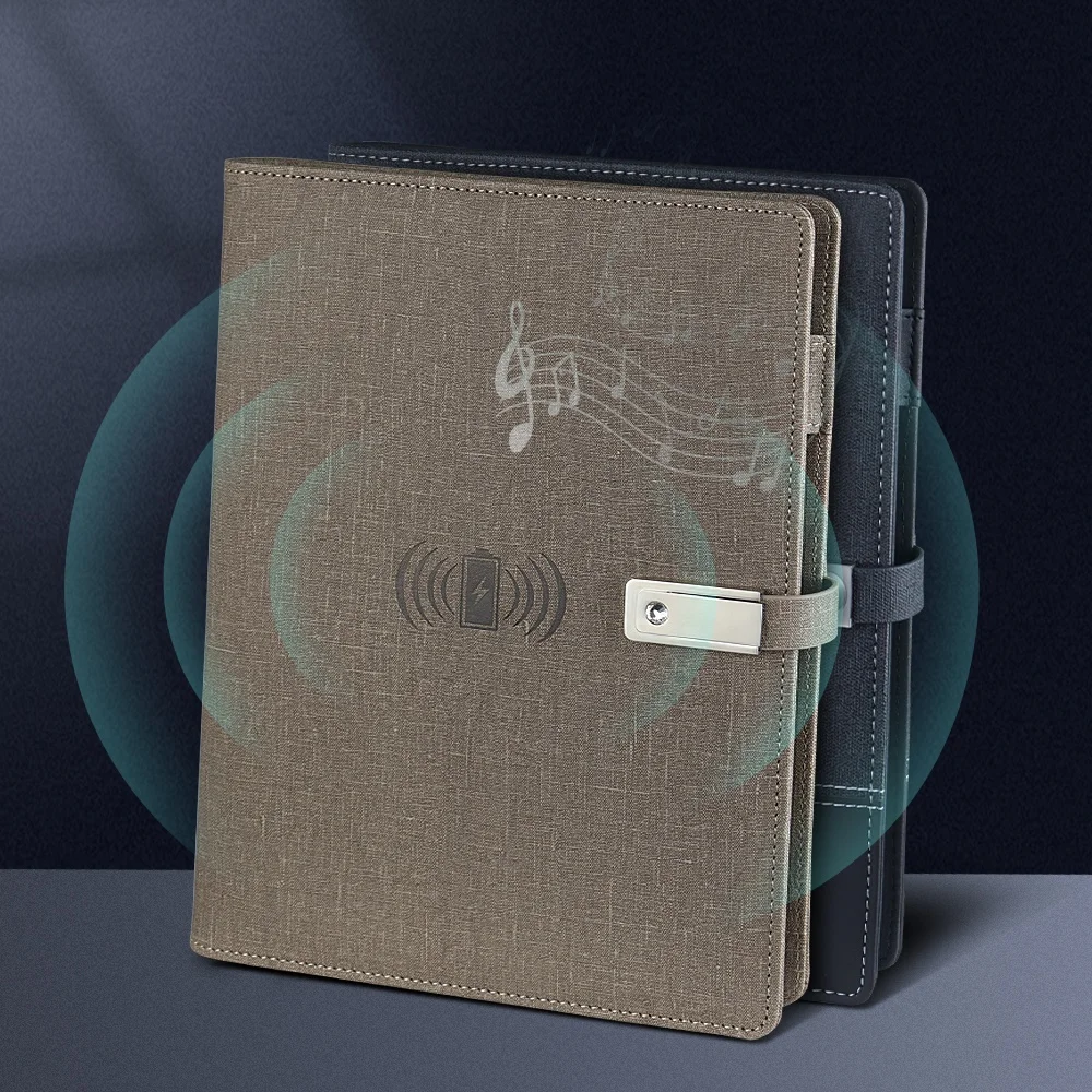 custom logo business gift luxury smart diary with power bank wireless charging notebook with bluetooth speaker