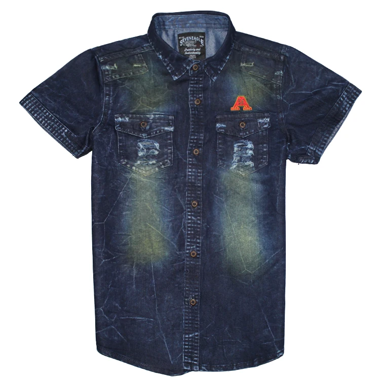 
Model Number 6231700A New West Cowboy Style Little Kids Cotton Shirts Dark Blue Plicated Button Down Pocket Denim Shirts 